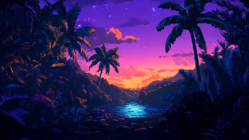 Neon twilight lagoon framed by tropical palms in silhouette.