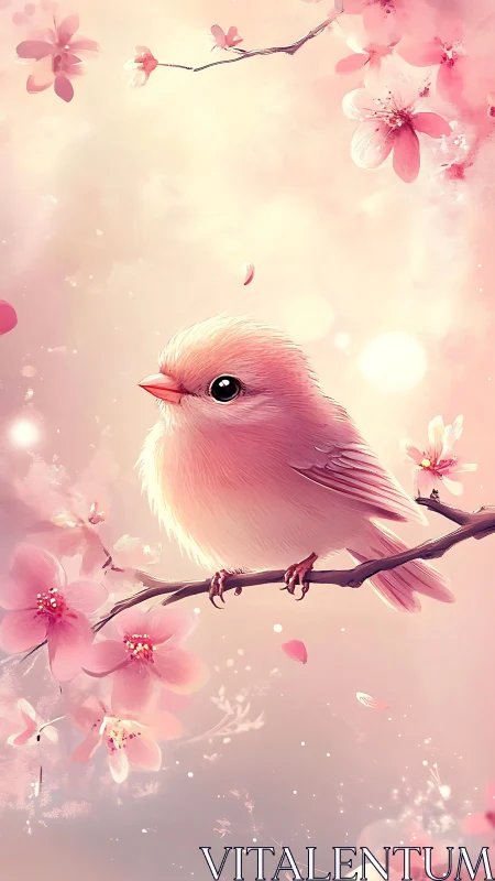 Pink Songbird Perched Among Cherry Blossoms in Soft Light.