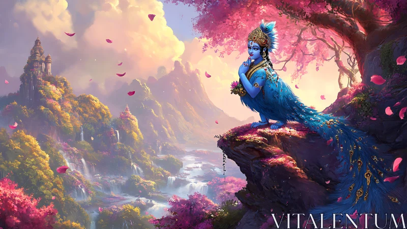 Peacock-tailed deity dreaming above cascades of pink light.