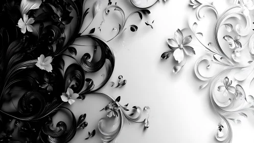 Monochrome floral swirls divide darkness and light in harmony