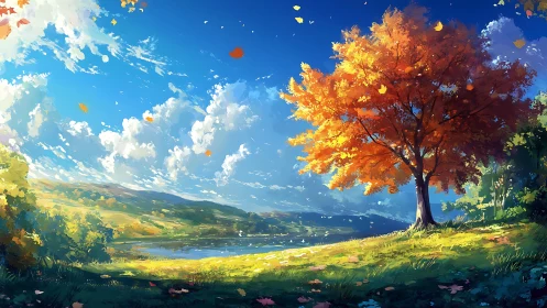 Autumn maple crowns sunlit lakeside meadow under blue sky.