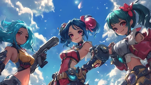 Skyward trio grin while chrome gauntlets catch drifting sun