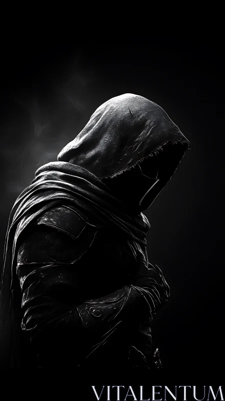 Shadowed hooded rogue in glimmering black armor.