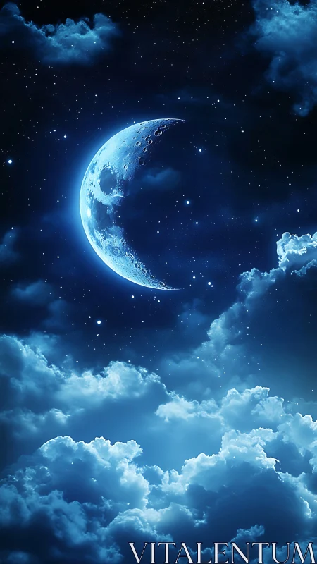 Blue crescent moon over glowing night clouds and stars.