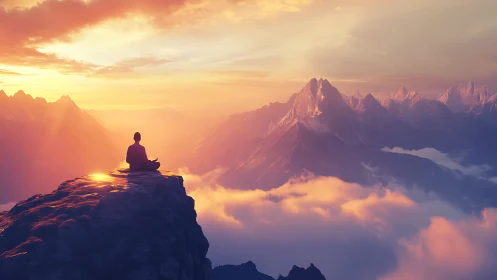 Digital painting of meditative figure on sunlit mountain summit.