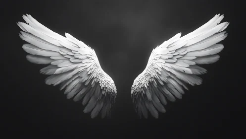 White feathered wings spread on dark gradient background.