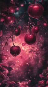 Red fruit branches with water droplets in glowing light.