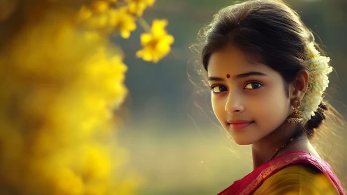 Traditional Indian Girl in Festive Attire with Floral Background.