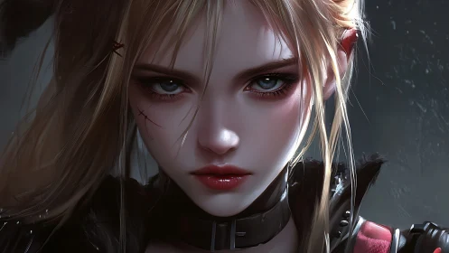 Scarred blonde warrior stares forward with cold resolve