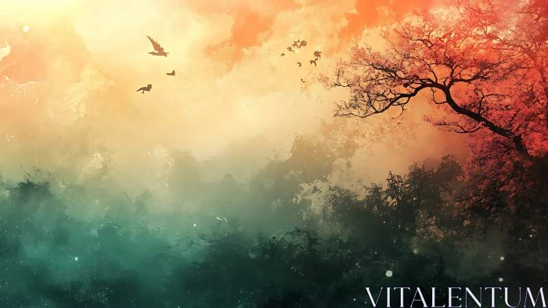 Dreamlike forest canopy with birds in glowing sunset haze.