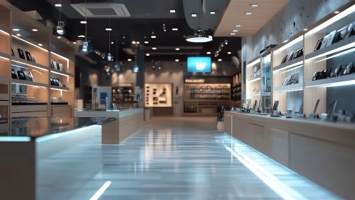 Sleek tech showroom glowing with modern light and warmth.