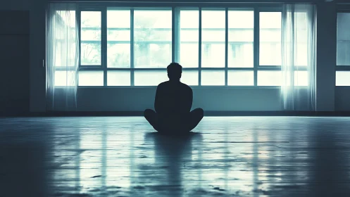 Silhouetted person sits meditating alone in large empty room