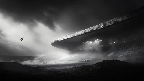 Futuristic stadium under storm clouds with plane overhead.