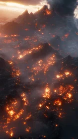 Volcanic Mountain Eruption at Sunrise With Flowing Lava