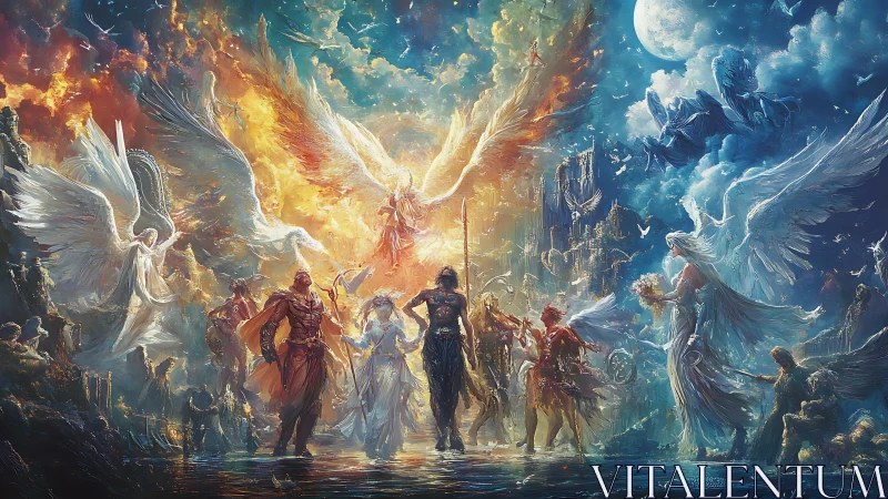 Winged figures divide fiery and lunar skies in balanced tableau