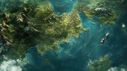 Epic coastal fantasy continent with ships and citadel ports.