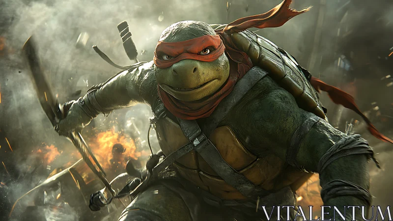 Battle-ready reptilian warrior in smoky urban inferno.