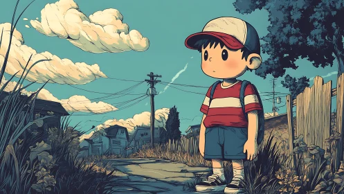 Cartoon boy on quiet suburban path under towering clouds.