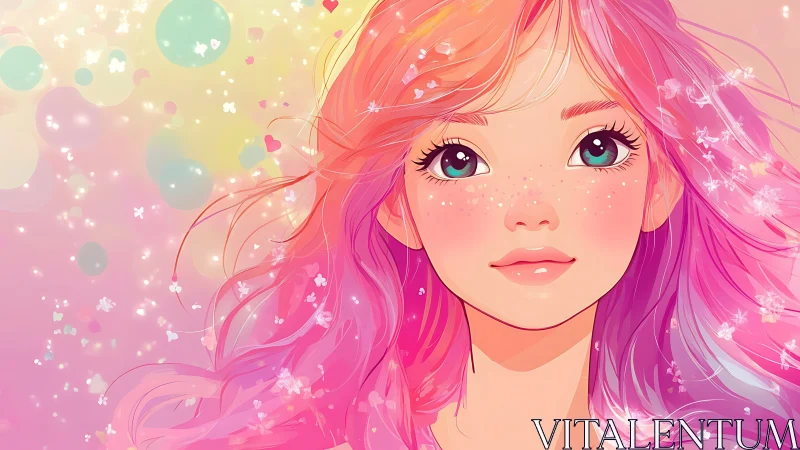 Vibrant pastel anime girl with glowing freckled face.