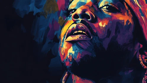 Vivid digital portrait of man in bold neon brushwork.