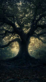 Ancient oak silhouette emerges from misty backlit forest scene