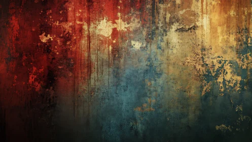 Abstract textured wall art with red, gold, and blue tones.