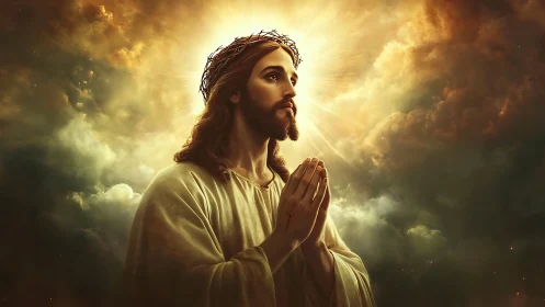 Soft golden light surrounds a serene figure in prayer