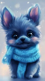 Blue scarf dog illustration with large eyes in soft lighting.