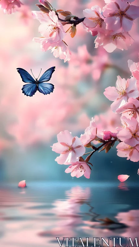 Blue butterfly flies near cherry blossoms above rippling water