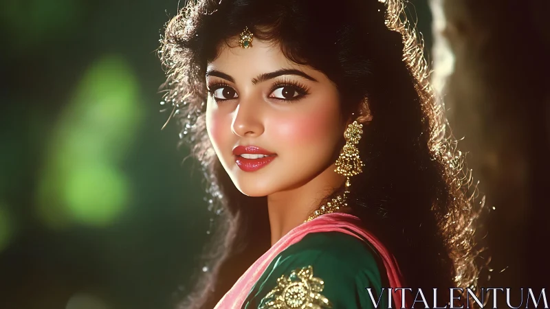 Portrait of elegant woman in green sari with golden jewelry