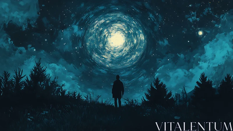 Digital painting of lone figure beneath swirling night sky.
