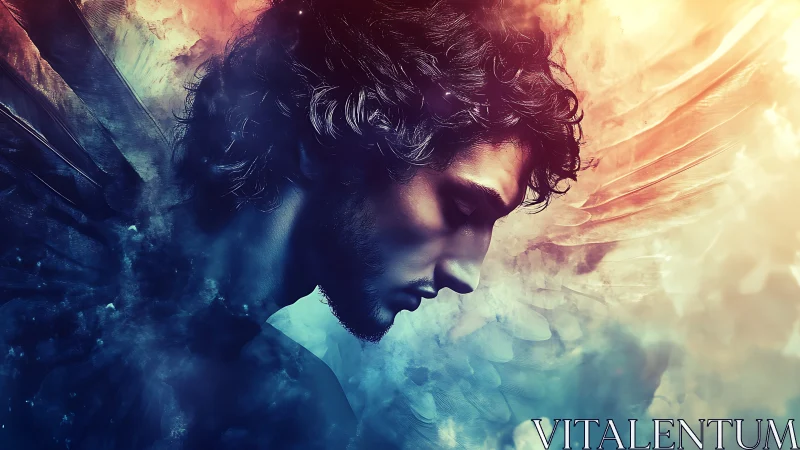 Melancholic fallen angel bows amid swirling celestial light