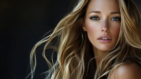 Close-up portrait of woman with long blonde hair.