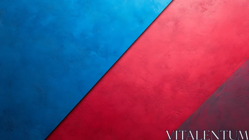 Diagonal red and blue textured panels intersect in bold contrast.