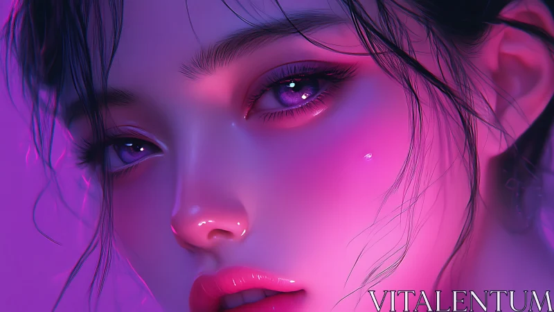 Neon lit digital portrait with luminous violet eyes.