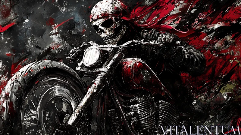 Skeletal motorcyclist in high-contrast red-black dynamic motion