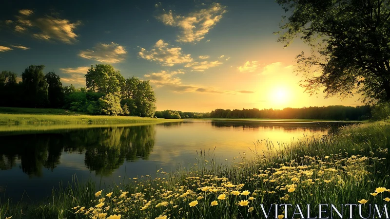 Golden hour over tranquil riverside meadow reflections.