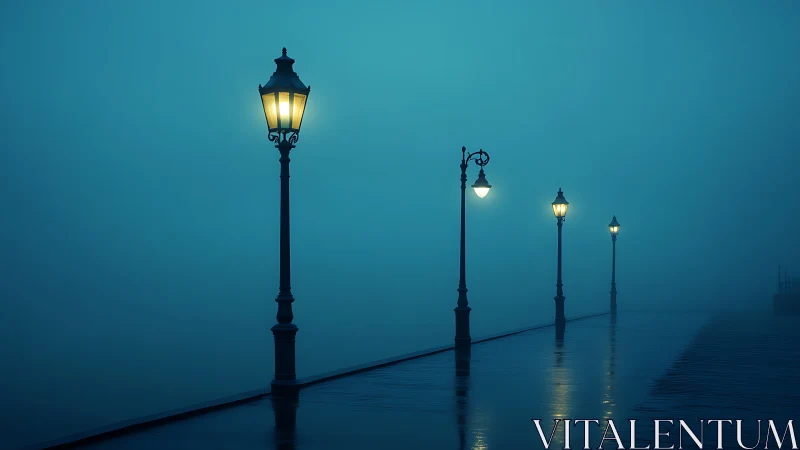Fog-bound pier where lone lampposts script quiet light.