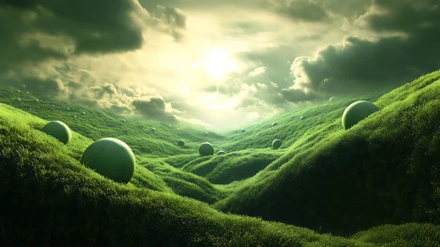 Spherical forms drifting across luminous emerald valleys.