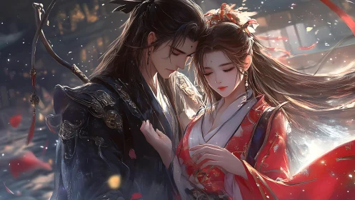 Wuxia lovers embrace under drifting petals at dusk.