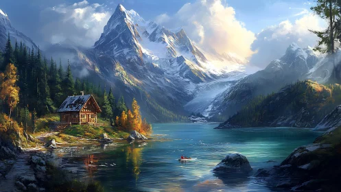 Mountain lake cabin with kayaker under radiant alpine sky.