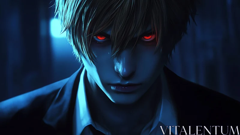 Intense blue-lit antihero with burning crimson eyes.