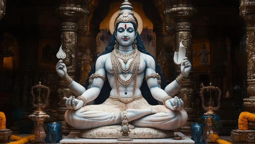Serene Shiva idol rendered in hyper-detailed temple interior