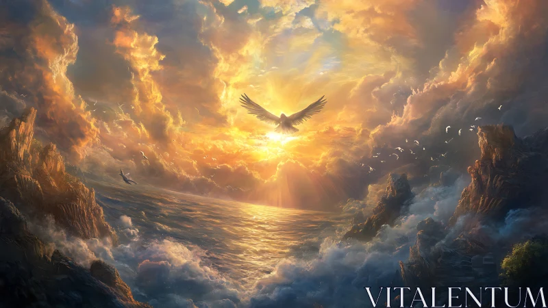 Atmospheric seascape with radiant avian silhouette at sunrise.