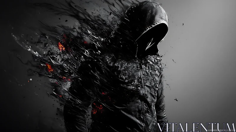 Hooded figure dissolves into dark shards and scattered embers