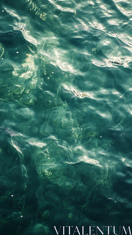 Specular caustics over teal littoral water surface field.