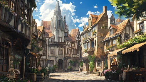 Medieval European town square with timbered facades at noon