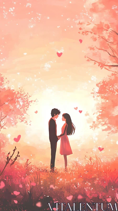 Couple standing together surrounded by blooming flowers and floating hearts