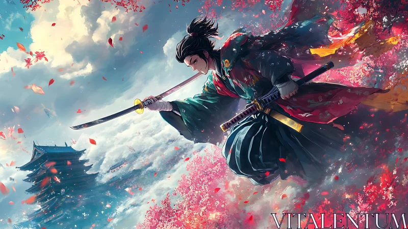 Skyborne samurai cleaves through a storm of cherry dreams.