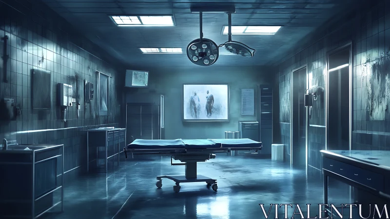 Surgical operating room interior is rendered in cool blue light